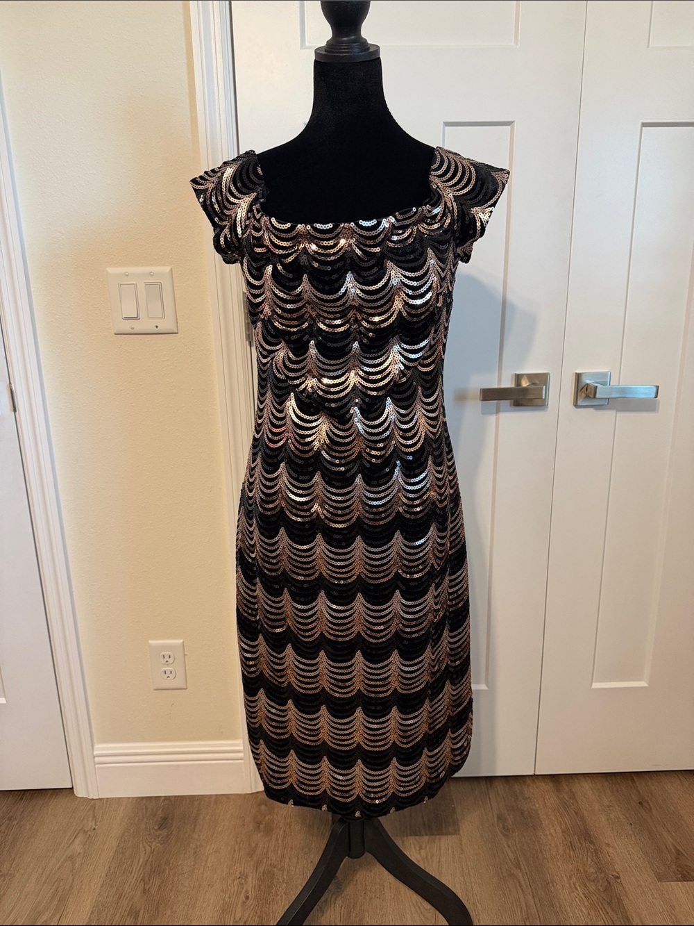 Black Mini Dress with Rose Gold Sequin Scallop Detail